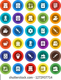 White Solid Icon Set- washer vector, mixer, double boiler, blender, tomography, gear, construction crane, card reader, dishwasher, coffee maker, meat grinder, sewing machine