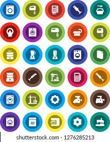 White Solid Icon Set- washer vector, washing powder, mixer, double boiler, blender, tomography, gear, construction crane, card reader, dishwasher, coffee maker, meat grinder, sewing machine