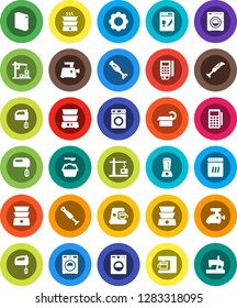 White Solid Icon Set- washer vector, washing powder, mixer, double boiler, blender, tomography, gear, construction crane, card reader, dishwasher, coffee maker, meat grinder, sewing machine