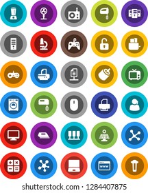 White Solid Icon Set- washer vector, toaster, microscope, support, radio, tv, monitor, notebook pc, social media, rca, network, server, browser, document, solar panel, calculator, unlock, iron, fan