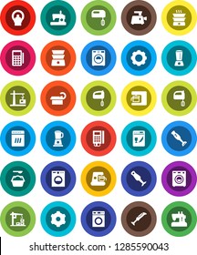 White Solid Icon Set- washer vector, washing powder, mixer, double boiler, blender, tomography, gear, construction crane, card reader, dishwasher, coffee maker, meat grinder, sewing machine