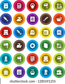 White Solid Icon Set- washer vector, washing powder, mixer, double boiler, blender, tomography, gear, construction crane, card reader, dishwasher, coffee maker, meat grinder, sewing machine