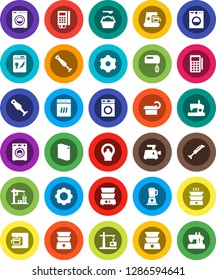 White Solid Icon Set- washer vector, washing powder, double boiler, blender, tomography, gear, construction crane, card reader, dishwasher, mixer, coffee maker, meat grinder, sewing machine