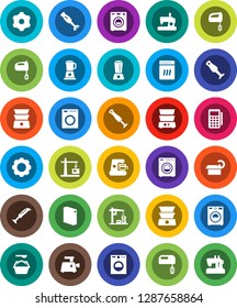 White Solid Icon Set- washer vector, washing powder, mixer, double boiler, blender, tomography, gear, construction crane, card reader, dishwasher, coffee maker, meat grinder, sewing machine