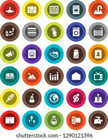 White Solid Icon Set- washer vector, water tap, oven, spices, schedule, flask, exam, personal information, pills vial, shorts, earth, consolidated cargo, route, tv, equalizer, video camera, mail
