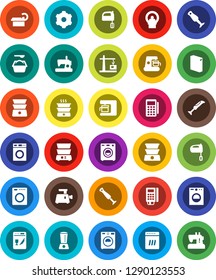 White Solid Icon Set- washer vector, washing powder, mixer, double boiler, blender, tomography, gear, construction crane, card reader, dishwasher, coffee maker, meat grinder, sewing machine