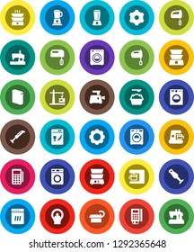 White Solid Icon Set- washer vector, washing powder, mixer, double boiler, blender, tomography, gear, construction crane, card reader, dishwasher, coffee maker, meat grinder, sewing machine