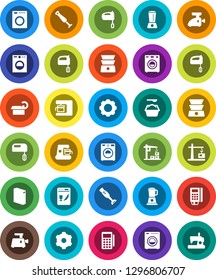 White Solid Icon Set- washer vector, washing powder, mixer, double boiler, blender, tomography, gear, construction crane, card reader, dishwasher, coffee maker, meat grinder, sewing machine