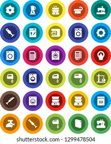 White Solid Icon Set- washer vector, washing powder, mixer, double boiler, blender, tomography, gear, construction crane, card reader, dishwasher, coffee maker, meat grinder, sewing machine