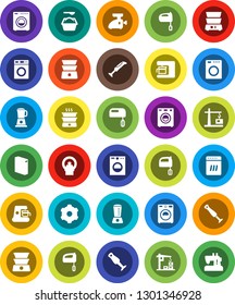 White Solid Icon Set- washer vector, washing powder, mixer, double boiler, blender, tomography, gear, construction crane, dishwasher, coffee maker, meat grinder, sewing machine