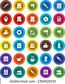 White Solid Icon Set- washer vector, washing powder, mixer, double boiler, blender, tomography, gear, construction crane, card reader, dishwasher, coffee maker, meat grinder, sewing machine