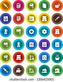 White Solid Icon Set- washer vector, washing powder, mixer, double boiler, blender, tomography, gear, construction crane, card reader, dishwasher, coffee maker, meat grinder, sewing machine