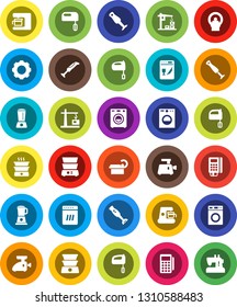 White Solid Icon Set- washer vector, mixer, double boiler, blender, tomography, gear, construction crane, card reader, dishwasher, coffee maker, meat grinder, sewing machine