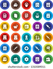 White Solid Icon Set- washer vector, washing powder, mixer, double boiler, blender, tomography, gear, construction crane, card reader, dishwasher, coffee maker, meat grinder, sewing machine