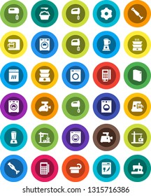 White Solid Icon Set- washer vector, washing powder, mixer, blender, tomography, gear, construction crane, card reader, dishwasher, coffee maker, meat grinder, double boiler, sewing machine