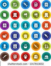 White Solid Icon Set- washer vector, washing powder, mixer, double boiler, blender, tomography, gear, construction crane, card reader, dishwasher, coffee maker, sewing machine