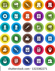 White Solid Icon Set- washer vector, washing powder, mixer, double boiler, blender, tomography, gear, construction crane, card reader, dishwasher, meat grinder, sewing machine