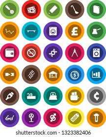 White Solid Icon Set- washer vector, washing powder, kettle, skimmer, ladle, turk coffee, toaster, pencil, drawing compass, glasses, constellation, dollar coin, graph, wallet, pound, cent sign, hdmi
