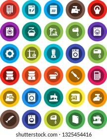 White Solid Icon Set- washer vector, washing powder, mixer, double boiler, tomography, gear, construction crane, card reader, dishwasher, coffee maker, meat grinder, blender, sewing machine