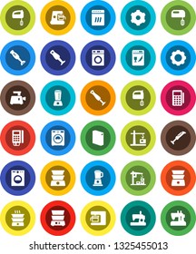 White Solid Icon Set- washer vector, washing powder, mixer, double boiler, blender, gear, construction crane, card reader, dishwasher, coffee maker, meat grinder, sewing machine