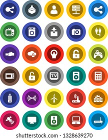White Solid Icon Set- washer vector, microwave oven, package, satellitie, tv, gamepad, remote control, social media, speaker, rca, tomography, network server, cloud lock, firewall, router, share