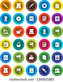 White Solid Icon Set- washer vector, washing powder, mixer, double boiler, blender, tomography, gear, construction crane, card reader, dishwasher, coffee maker, meat grinder, sewing machine