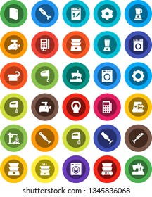 White Solid Icon Set- washer vector, washing powder, mixer, double boiler, blender, tomography, gear, construction crane, card reader, dishwasher, coffee maker, meat grinder, sewing machine