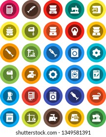 White Solid Icon Set- washer vector, mixer, double boiler, blender, tomography, gear, construction crane, card reader, dishwasher, coffee maker, meat grinder, sewing machine