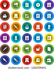 White Solid Icon Set- washer vector, washing powder, mixer, double boiler, blender, tomography, gear, construction crane, card reader, dishwasher, coffee maker, meat grinder, sewing machine
