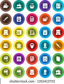 White Solid Icon Set- washer vector, washing powder, mixer, double boiler, tomography, construction crane, card reader, dishwasher, coffee maker, meat grinder, blender, sewing machine