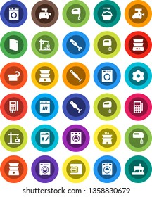 White Solid Icon Set- washer vector, washing powder, mixer, double boiler, blender, tomography, gear, construction crane, card reader, dishwasher, coffee maker, meat grinder, sewing machine