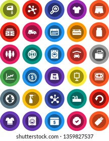 White Solid Icon Set- washer vector, sprayer, jar, presentation, world, molecule, dollar coin, graph, man, calendar, stadium, shorts, t shirt, money, car, document, protected, weight, undo, globe