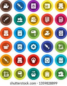 White Solid Icon Set- washer vector, washing powder, mixer, double boiler, blender, tomography, gear, construction crane, card reader, dishwasher, coffee maker, meat grinder, sewing machine
