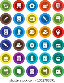 White Solid Icon Set- washer vector, washing powder, mixer, double boiler, blender, tomography, gear, construction crane, card reader, dishwasher, coffee maker, meat grinder, sewing machine