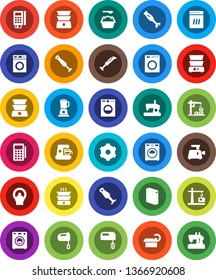 White Solid Icon Set- washer vector, washing powder, mixer, double boiler, blender, tomography, gear, construction crane, card reader, dishwasher, coffee maker, meat grinder, sewing machine
