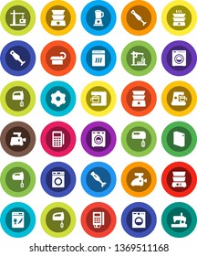 White Solid Icon Set- washer vector, washing powder, mixer, double boiler, blender, tomography, gear, construction crane, card reader, dishwasher, coffee maker, meat grinder, sewing machine