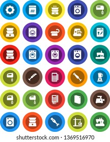 White Solid Icon Set- washer vector, washing powder, mixer, double boiler, blender, tomography, gear, construction crane, card reader, dishwasher, coffee maker, meat grinder, sewing machine