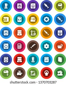 White Solid Icon Set- washer vector, washing powder, double boiler, blender, tomography, gear, construction crane, card reader, dishwasher, mixer, coffee maker, meat grinder, sewing machine