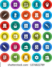 White Solid Icon Set- washer vector, washing powder, mixer, double boiler, blender, tomography, gear, construction crane, card reader, dishwasher, coffee maker, sewing machine