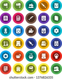 White Solid Icon Set- washer vector, washing powder, mixer, double boiler, blender, tomography, gear, construction crane, card reader, dishwasher, coffee maker, meat grinder, sewing machine