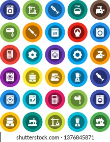 White Solid Icon Set- washer vector, washing powder, mixer, blender, tomography, gear, construction crane, card reader, dishwasher, coffee maker, meat grinder, double boiler, sewing machine
