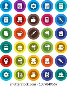 White Solid Icon Set- washer vector, washing powder, mixer, double boiler, blender, tomography, gear, construction crane, card reader, dishwasher, coffee maker, meat grinder, sewing machine