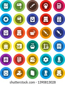 White Solid Icon Set- washer vector, washing powder, mixer, double boiler, blender, tomography, gear, construction crane, card reader, dishwasher, coffee maker, meat grinder