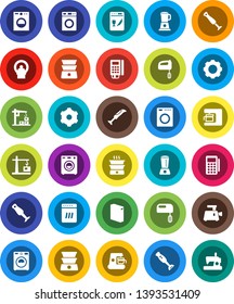 White Solid Icon Set- washer vector, washing powder, double boiler, blender, tomography, gear, construction crane, card reader, dishwasher, mixer, coffee maker, meat grinder, sewing machine