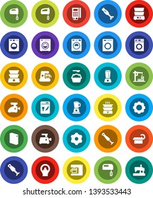 White Solid Icon Set- washer vector, washing powder, mixer, double boiler, blender, tomography, gear, construction crane, card reader, dishwasher, coffee maker, meat grinder, sewing machine