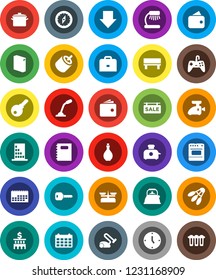 White Solid Icon Set- washing powder vector, pan, kettle, oil, copybook, case, table lamp, compass, wallet, bank building, clock, arrow down, calendar, shuttlecock, rca, bench, key, sale signboard