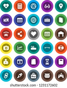 White Solid Icon Set- washing powder vector, cutting board, toaster, copybook, glasses, schedule, graph, cash, sand clock, dollar calendar, skateboard, molecule, map pin, warehouse, camera, internet