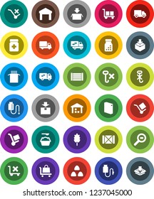White Solid Icon Set- washing powder vector, cereal, pasta, delivery, wood box, cargo, no trolley, hook, warehouse, package, search, pills bottle, drop counter, relocation truck