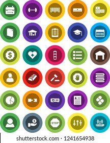 White Solid Icon Set- washing powder vector, towel, graduate hat, backpack, personal information, gold ingot, pie graph, investment, dollar medal, calendar, barbell, clipboard, traffic light, pills