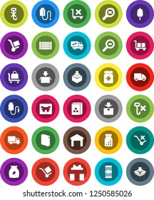 White Solid Icon Set- washing powder vector, cereal, pasta, delivery, wood box, cargo, no trolley, hook, warehouse, package, search, pills bottle, drop counter, relocation truck, gift